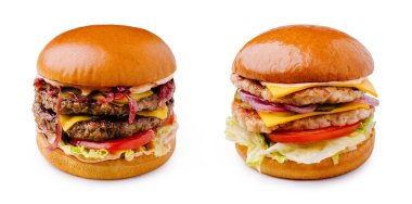 Ağız sulandıran iki hamburger yan yana sergilenir. Bir hamburgerde et köfteleri, peynir ve lezzetli malzemeler yer alırken, diğerinde taze sebzeli tavuk köfteleri sergileniyor..