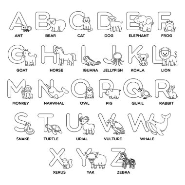 Ana hatlı vektör şirin hayvan alfabesi siyah ve beyaz düz dizayn