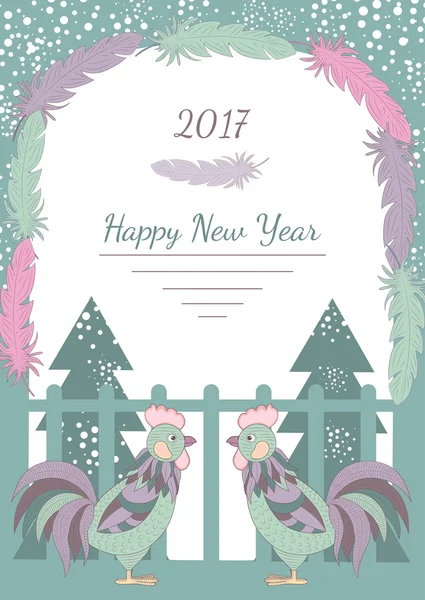 Plantilla de tarjeta de Año Nuevo con gallos de colores, abetos y plumas — Vector de stock