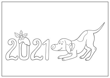 Beyaz arka planda şirin bir tatil köpeği çizimi. Yeni yıl kartı şablonu