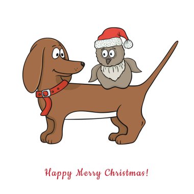 Beyaz arka planda sevimli hayvanlar, köpekler ve baykuşlar olan vektör tatil illüstrasyonu. Kart tasarımı için iyi