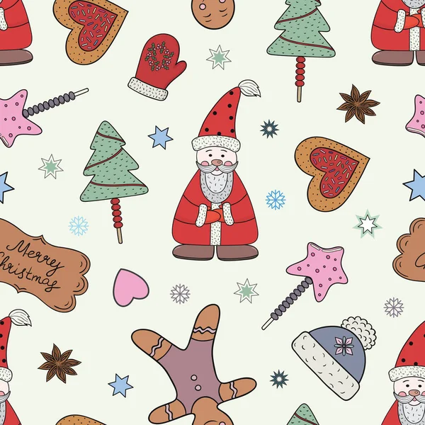 Vector holiday seamless pattern with hot drinks, cakes, funny Santa and candies. Outline graphic objects for your design on a light background