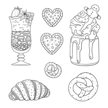 Tatil içkileriyle, fırın ürünleriyle vektör taslağı. Tasarımınız için beyaz arkaplanda izole edilmiş grafik nesneleri