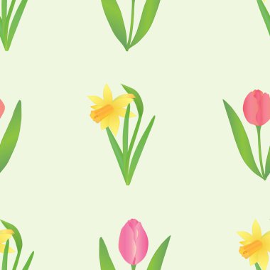 Bahar çiçekleriyle kusursuz bir desen. Yumuşak çiçekler, laleler, narsisli arka planda
