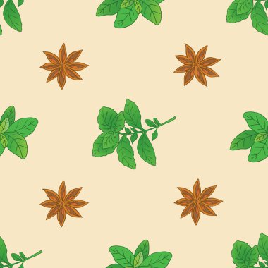 Vektör baharat koleksiyonu bazilika ve illisiyum içeren pürüzsüz desen açık sarı arkaplan