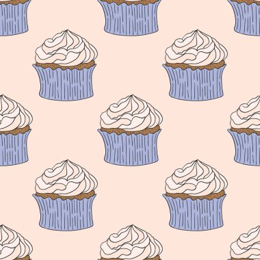 Hafif arkaplanda tatlı kekleri olan vektör grafiksiz desen