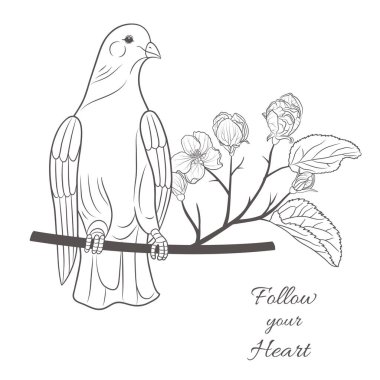 Beyaz arkaplanda güvercin ve çiçek açan ağaçla vektör grafik çizimi