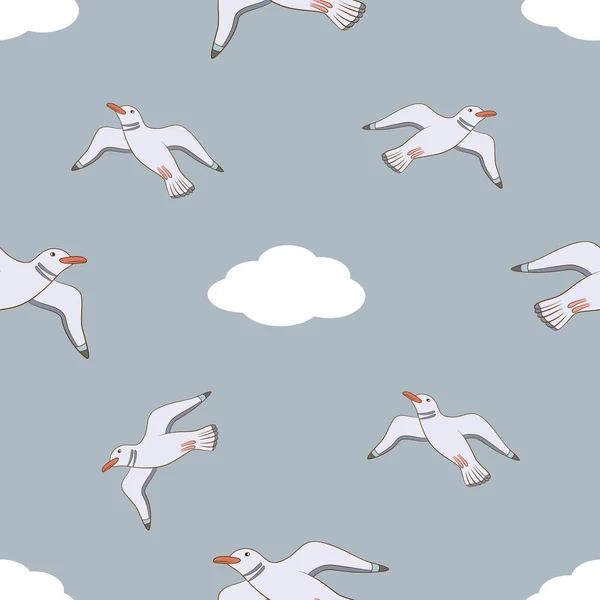 Patrón Gráfico Vectorial Sin Costuras Con Gaviotas Nubes Blancas Cielo — Archivo Imágenes Vectoriales