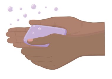 Beyaz arka planda elleri ve sabunu olan vektör grafik çizimi. İnsan yıkama el simgesi