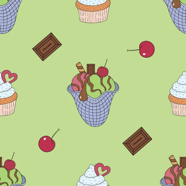Vektor Grafik Nahtloses Muster Mit Verschiedenen Süßigkeiten Und Kuchen Auf — Stockvektor