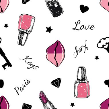 Beyaz arkaplanda kırmızı dudaklar, kelimeler, kalpler ve anahtarlarla vektör grafiksiz desen