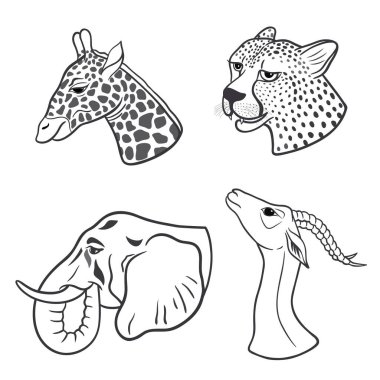 Beyaz arka planda çeşitli Afrikalı hayvanlarla vektör grafik çizimi