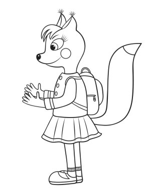 Vector graphic illustration with cute small squirrel going to school with her schoolbag