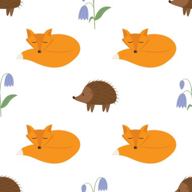 Beyaz arka planda hayvanlar ve bitkiler ile vektör grafik kusursuz desen