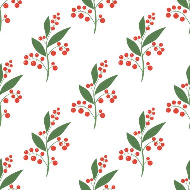 Orman bitkilerinde vektör grafik kusursuz desen, beyaz arka planda kırmızı böğürtlen