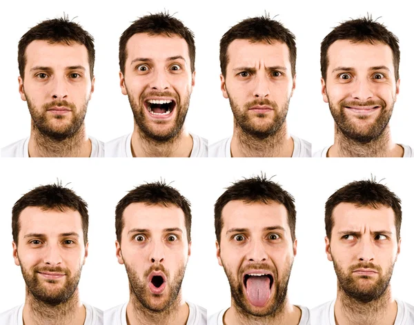 Bruna capelli corti adulto caucasico uomo collezione set di espressione del viso come felice, triste, arrabbiato, sorpresa, sbadiglio isolato su bianco — Foto Stock