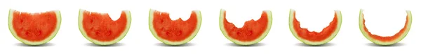 Fatia vermelha madura de composição de melancia conjunto com mordida diferente isolado no branco — Fotografia de Stock