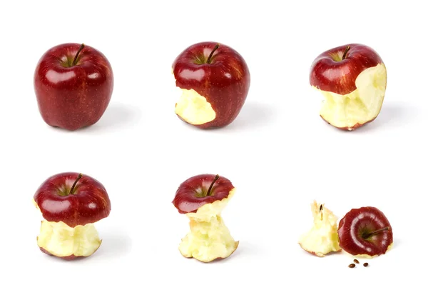 Composition pomme rouge mûre sertie de différentes morsures isolées sur blanc — Photo