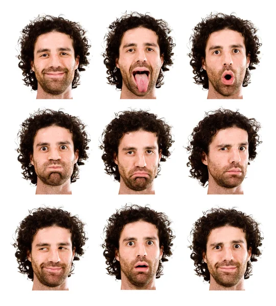 Brunette curly hair adult caucasian man collection set of face expression like happy, sad, angry, surprise, yawn isolated on white — Stock Photo, Image