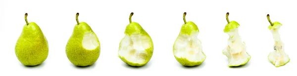 Зелена груша набір з різним укусом ізольовані на білому — стокове фото
