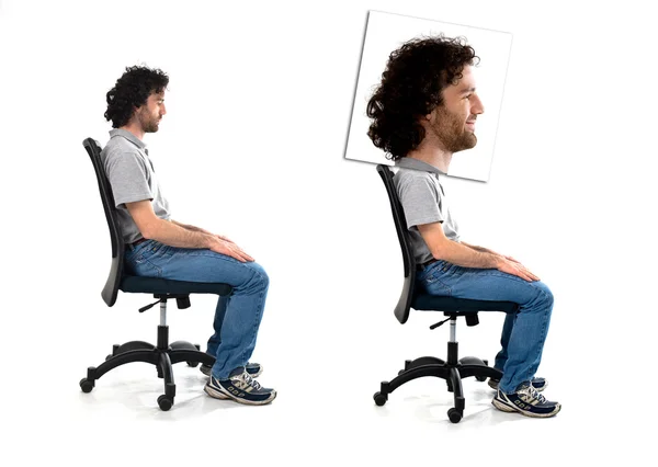 Gran cabeza hombre composición conjunto aislado en blanco sentarse en silla —  Fotos de Stock