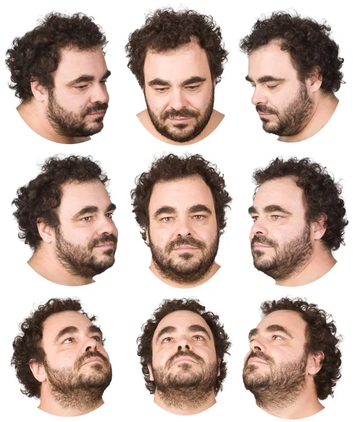 Pelo rizado barba caucásico hombre colección conjunto de expresión de la cara como feliz, triste enojado, sorpresa, bostezo en blanco — Foto de Stock