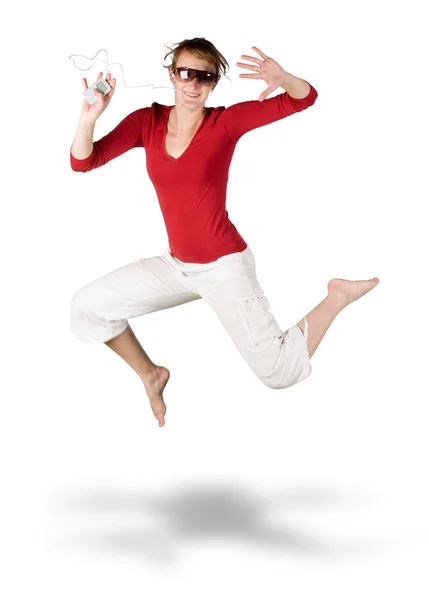 Menina bonita com óculos salto isolado no branco — Fotografia de Stock