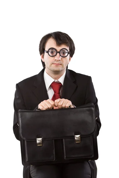 Ugly nerd businessman with red tie and suitcase isolated on white — Stock Photo, Image