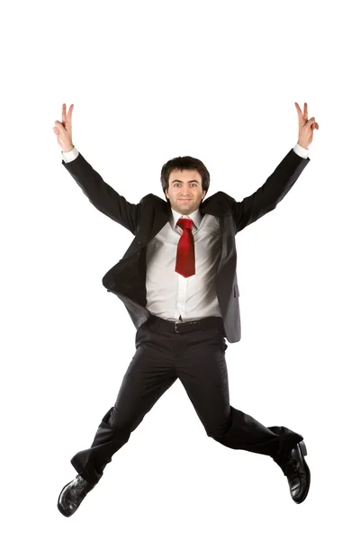 Щасливий бізнесмен стрибає ізольовано на білому — стокове фото