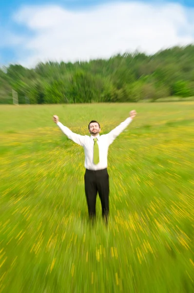 Homme d'affaires heureux avec cravate verte dans coustryside — Photo