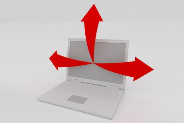 oklar ve üzerinde beyaz izole laptop ile 3D geliştirme iş kavramı