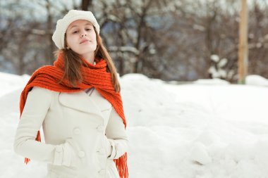 karlı bir manzara içinde kırmızı eşarp güzel rahat bir kadınla