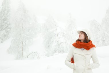 karlı bir manzara içinde kırmızı eşarp güzel rahat bir kadınla