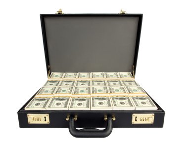 siyah bavul dolu yüz Doları üzerinde beyaz izole