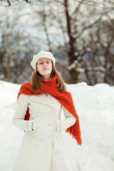 Όμορφη γυναίκα χαλαρή με κόκκινο μαντήλι σε ένα χιονισμένο τοπίο — Φωτογραφία Αρχείου