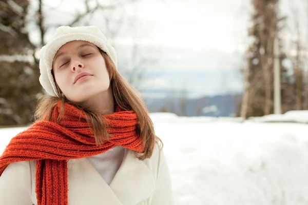 雪の風景の肖像画に赤いスカーフのリラックスした美女 — ストック写真