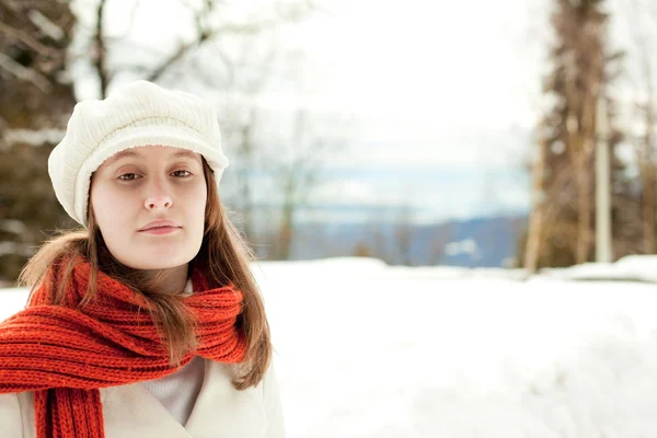 beautiful relaxed woman with red scarf in a snowy landscape portrait