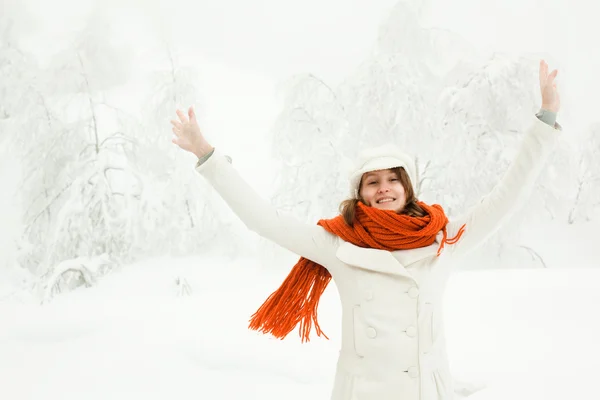 雪に覆われた風景の中に赤いスカーフ美しいリラックスした女性 — ストック写真