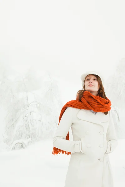 雪に覆われた風景の中に赤いスカーフ美しいリラックスした女性 — ストック写真