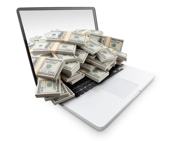 Laptop moderno com cem de dólar isolado em branco — Fotografia de Stock