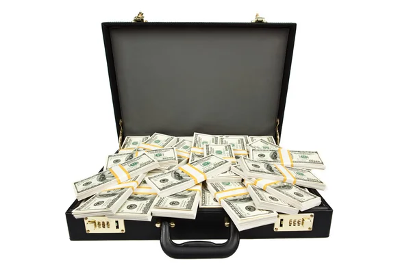 Svart resväska full av hundra dollar isolerad på vit — Stockfoto