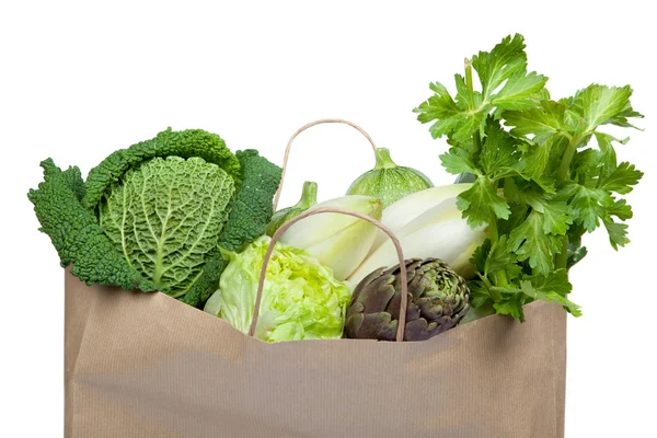 Vert savoureux composition végétale mis dans un sac à provisions en papier isolé blanc — Photo