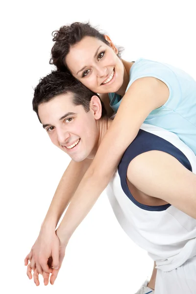 Young beautiful couple shouldering isolated on white — Stock Photo, Image