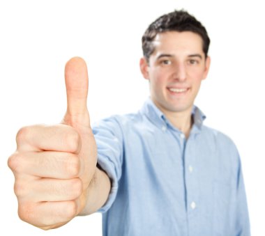 genç güzel mutlu adam thum izole üzerinde beyaz