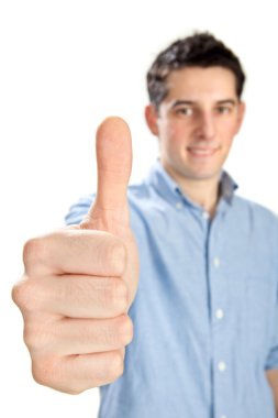 genç güzel mutlu adam thum izole üzerinde beyaz