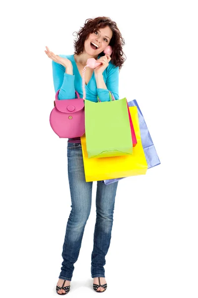 Szczęśliwa kobieta piękne Pokaż sklep torby na białym tle — Zdjęcie stockowe