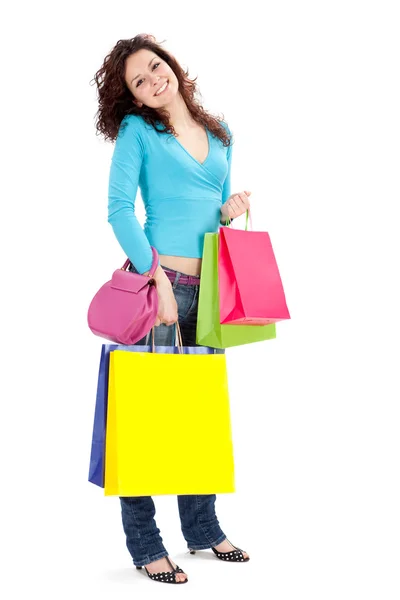 Bolso hermoso feliz de la tienda de demostración de la mujer aislado en blanco — Foto de Stock