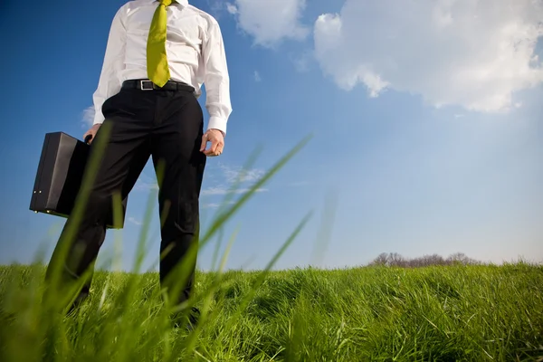 Hombre de negocios feliz con maleta al aire libre en un día soleado — Foto de Stock