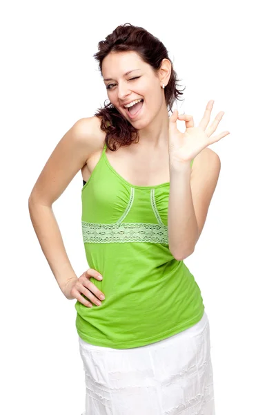 Young beautiful green girl ok gesture isolated on white — Stock Photo, Image