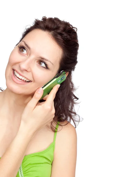 Bella giovane ragazza bruna parlare telefono ritratto isolato su bianco — Foto Stock